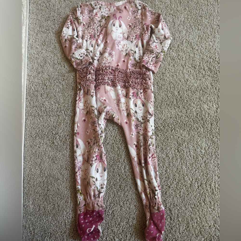 Posh Peanut 12-18 Months Pink Floral Bunny Print Kids One-Piece Pajama Footies - Picture 5 of 6